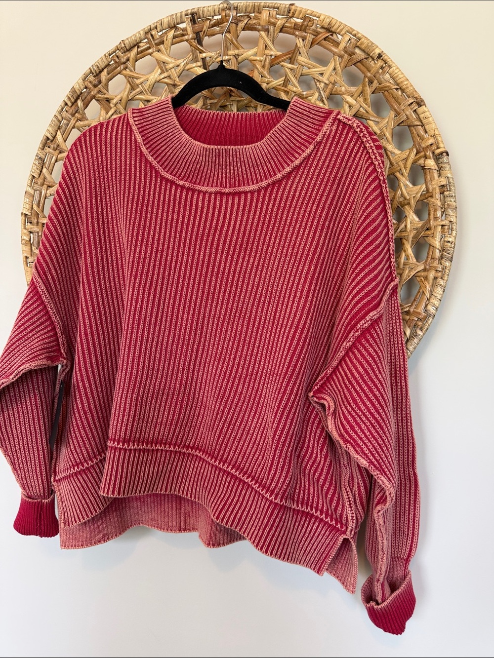 Zenana Outfitters Mineral washed Red Ribbed Crewneck Sweater - Picture 8 of 12